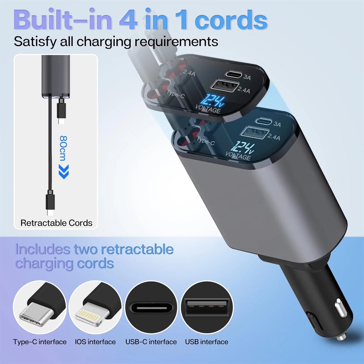 4 in 1 Retractable Car Charger Fast Car Phone Charger with Iphone and Type C Cable 