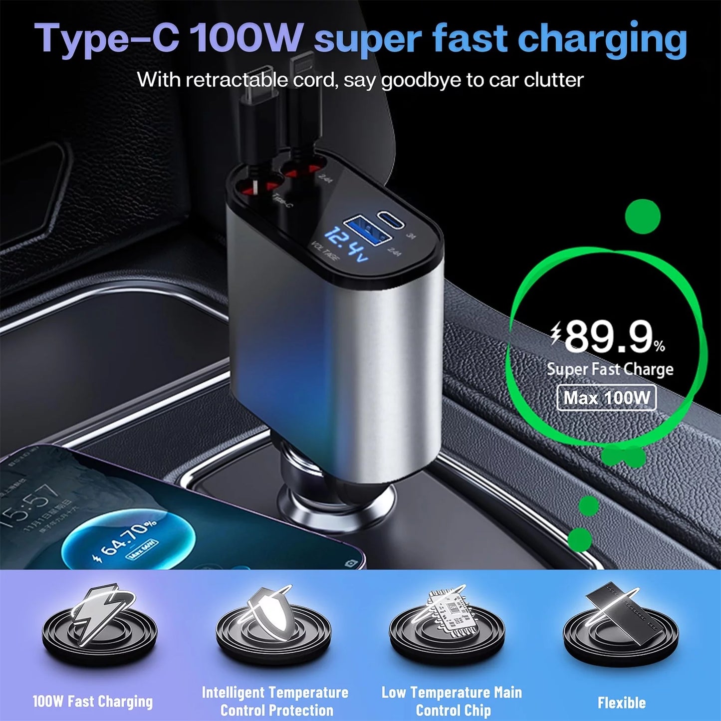 4 in 1 Retractable Car Charger Fast Car Phone Charger with Iphone and Type C Cable 